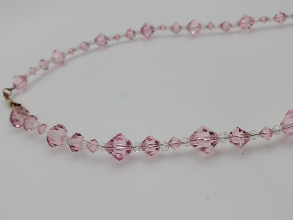 Faceted Cut Crystal Pink Glass Beaded Necklace with 10kt Gold Clasp - 16.5"