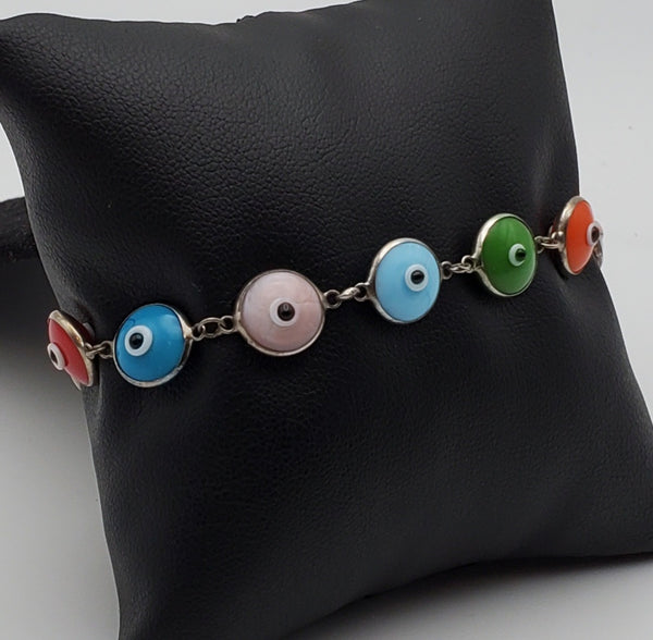 Evil Eye Multi-Color Glass Sterling Silver Bracelet - 7.5"
