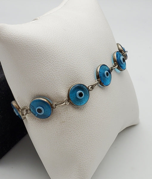 Evil Eye Blue Glass Sterling Silver Bracelet - 7.25"