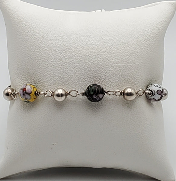 Cloisonne Sterling Silver Beaded Bracelet - 7.5"