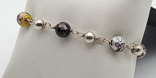 Cloisonne Sterling Silver Beaded Bracelet - 7.5"