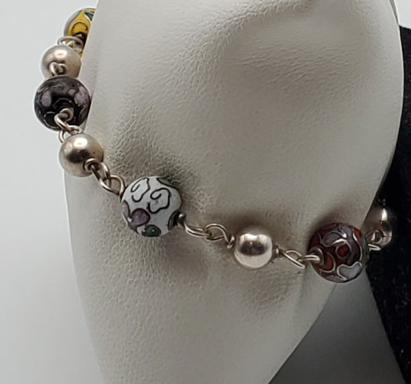 Cloisonne Sterling Silver Beaded Bracelet - 7.5"