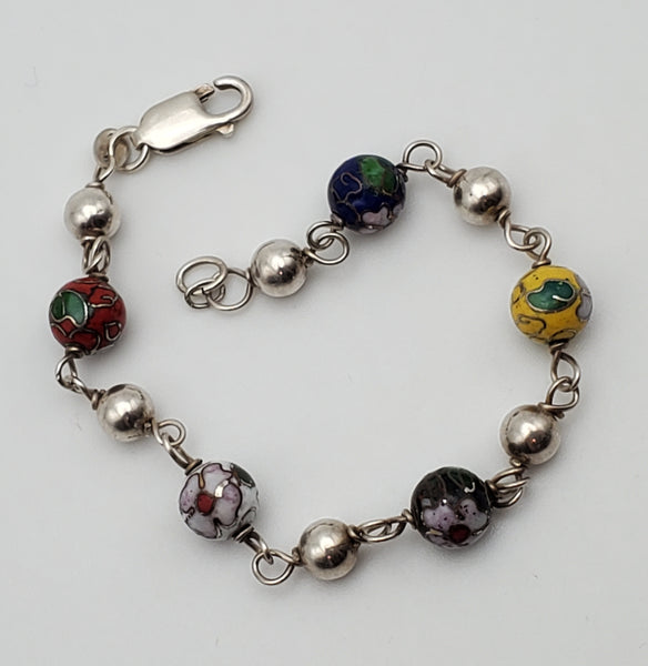 Cloisonne Sterling Silver Beaded Bracelet - 7.5"