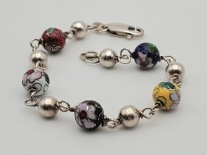 Cloisonne Sterling Silver Beaded Bracelet - 7.5"