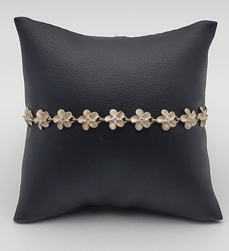 Vintage Sterling Silver Flower Link Bracelet BROKEN CLASP - 7.5"