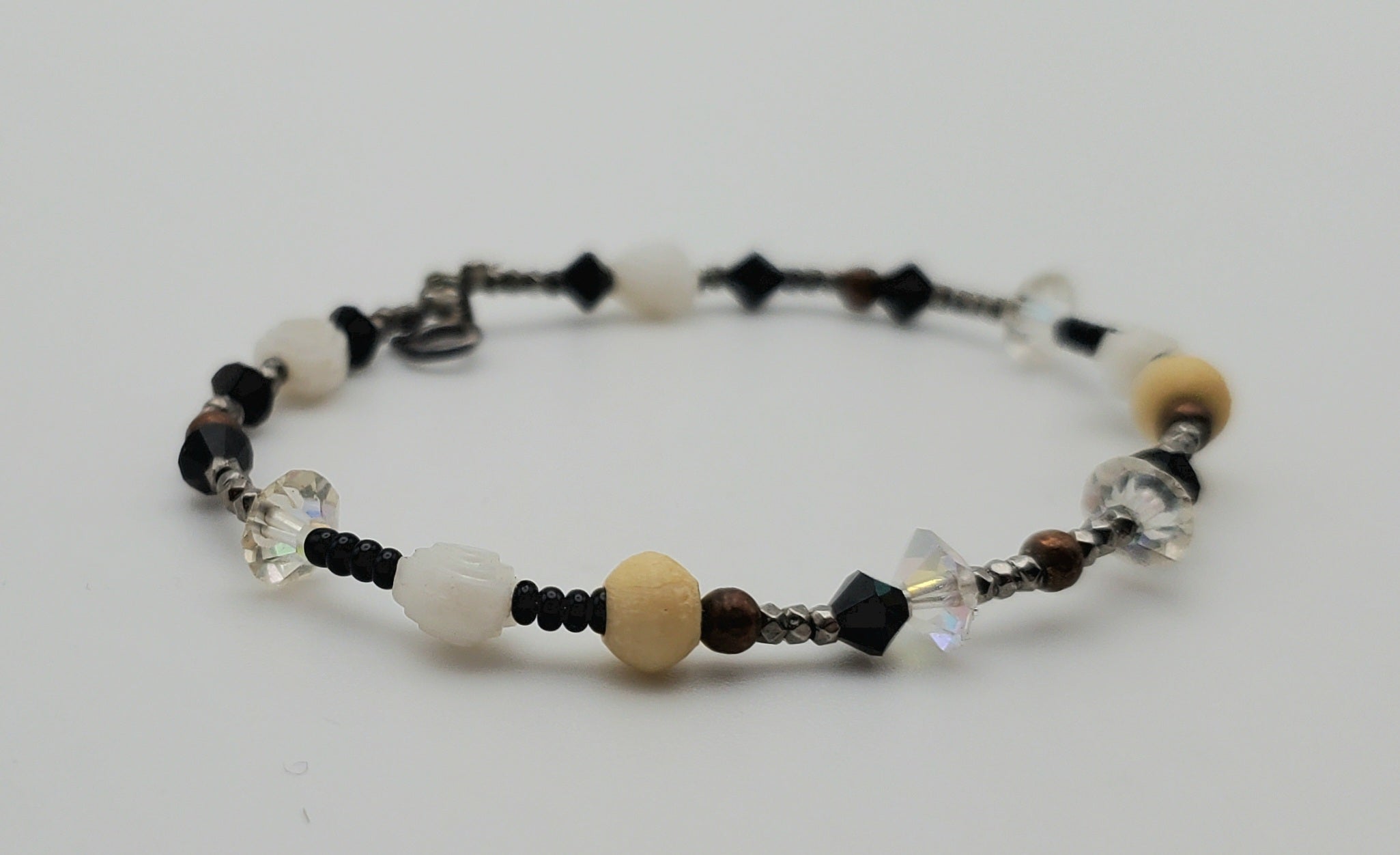 Bloesch & Bloesch - Sterling Silver, Copper, Jet, Bone, French Crystal, Pewter, Austrian Crystal Beaded Bracelet - 7"