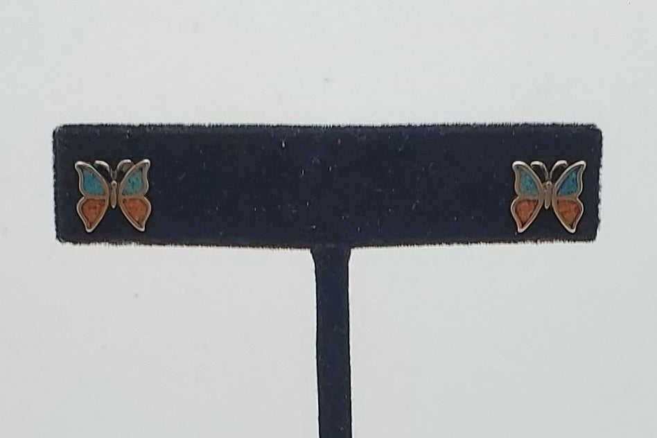 Vintage Blue and Red Crushed Stone Butterfly Stud Earrings