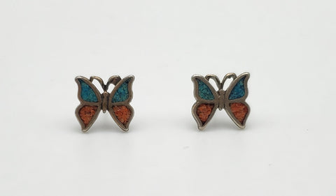 Vintage Blue and Red Crushed Stone Butterfly Stud Earrings