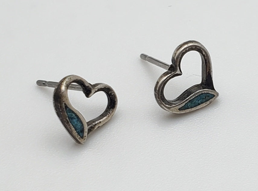 Vintage Sterling Silver Blue Crushed Stone Heart Stud Earrings