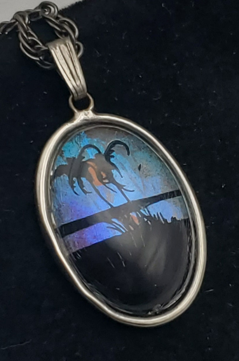 Vintage Butterfly Wing Background Beach Silhouette Pendant Necklace - 16.25"