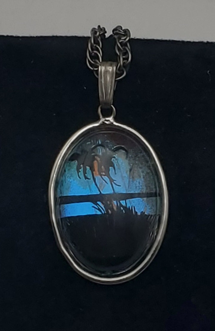 Vintage Butterfly Wing Background Beach Silhouette Pendant Necklace - 16.25"