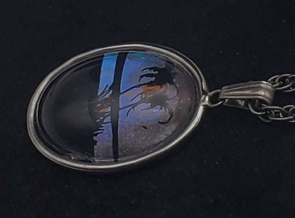 Vintage Butterfly Wing Background Beach Silhouette Pendant Necklace - 16.25"