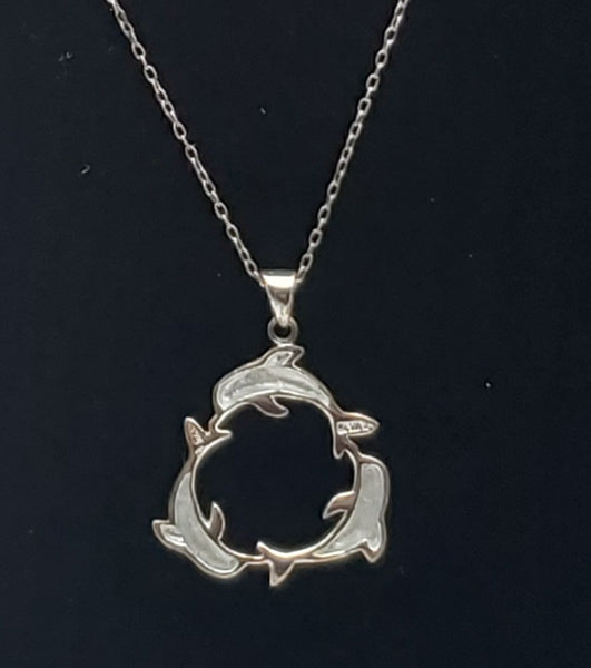 Dolphins Sterling Silver Hoop Pendant on Sterling Silver Chain Necklace - 18.5"