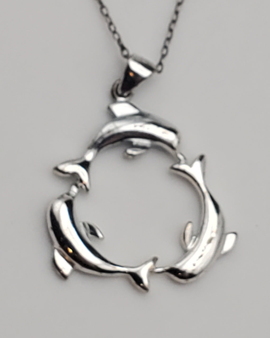 Dolphins Sterling Silver Hoop Pendant on Sterling Silver Chain Necklace - 18.5"