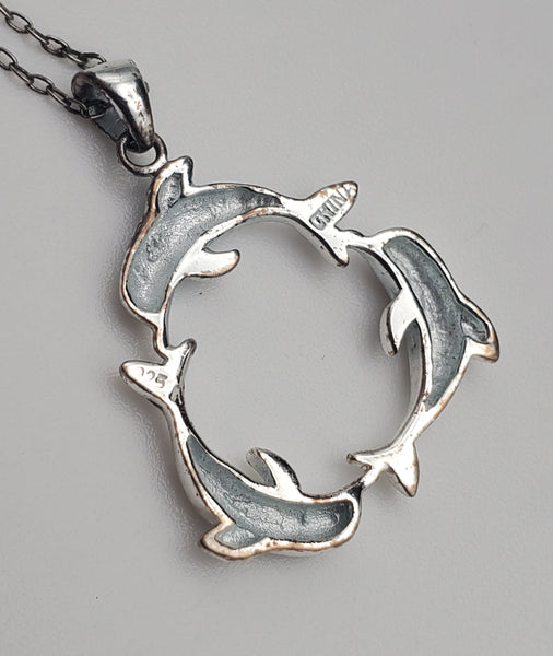 Dolphins Sterling Silver Hoop Pendant on Sterling Silver Chain Necklace - 18.5"