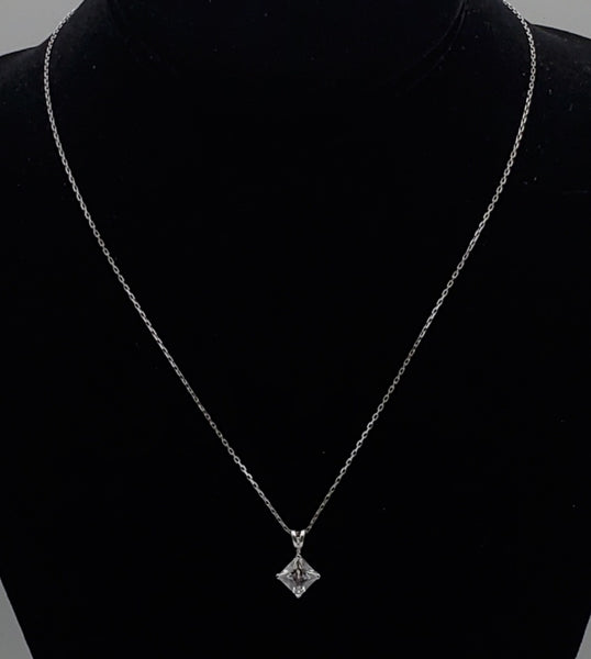 Vintage Princess Cut Cubic Zirconia Sterling Silver Pendant on Sterling Silver Chain Necklace - 17"