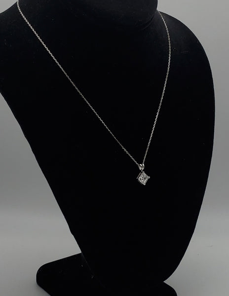 Vintage Princess Cut Cubic Zirconia Sterling Silver Pendant on Sterling Silver Chain Necklace - 17"