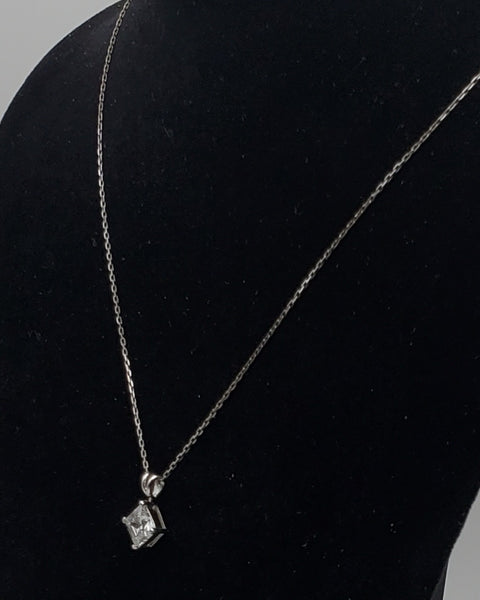 Vintage Princess Cut Cubic Zirconia Sterling Silver Pendant on Sterling Silver Chain Necklace - 17"