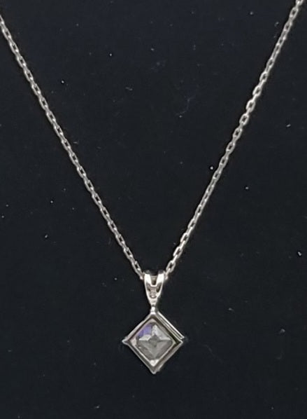 Vintage Princess Cut Cubic Zirconia Sterling Silver Pendant on Sterling Silver Chain Necklace - 17"