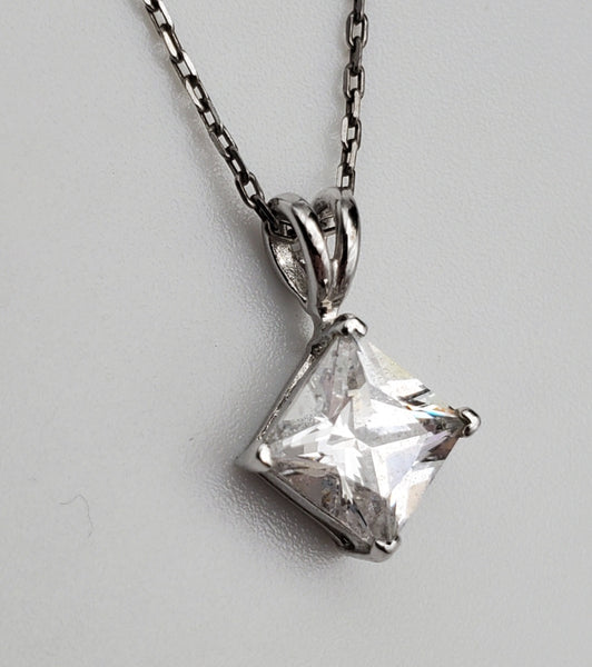 Vintage Princess Cut Cubic Zirconia Sterling Silver Pendant on Sterling Silver Chain Necklace - 17"