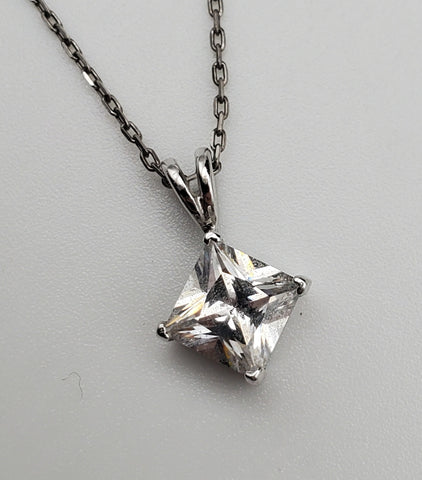 Vintage Princess Cut Cubic Zirconia Sterling Silver Pendant on Sterling Silver Chain Necklace - 17"