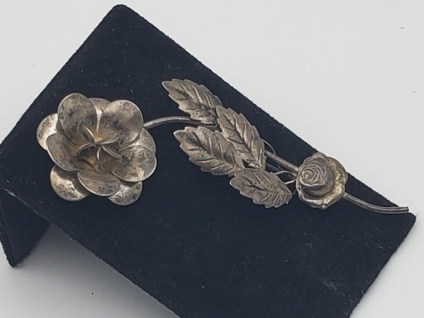 Vintage Sterling Silver Intricate Three-Dimensional Rose Brooch