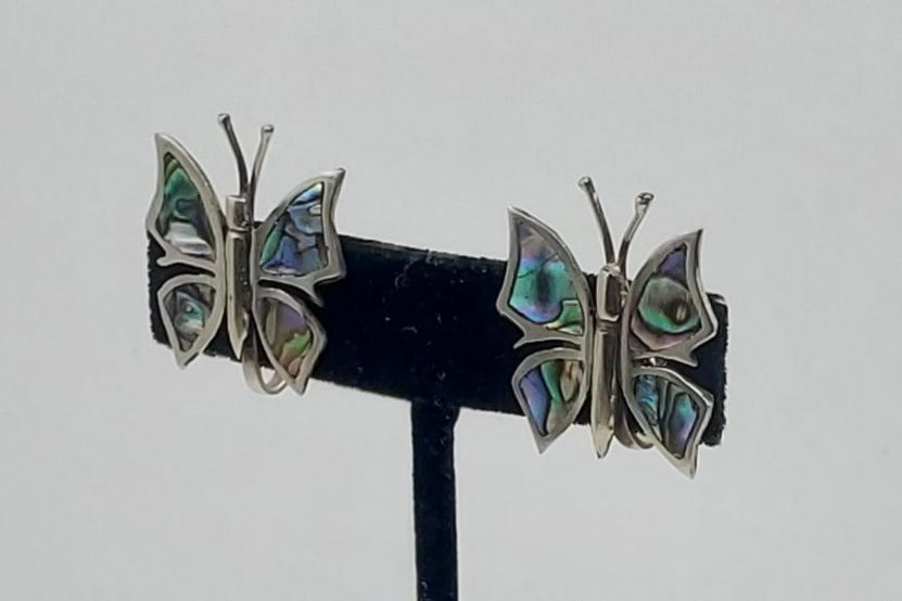 Vintage Sterling Silver Handmade Abalone Shell Inlaid Screw Back Earrings