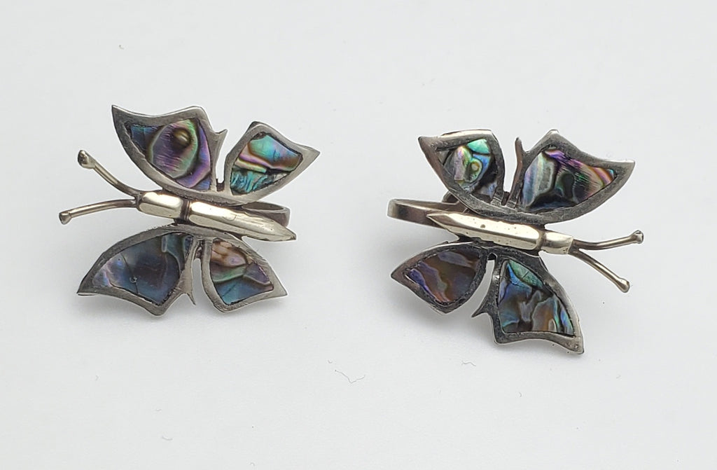 Vintage Sterling Silver Handmade Abalone Shell Inlaid Screw Back Earrings
