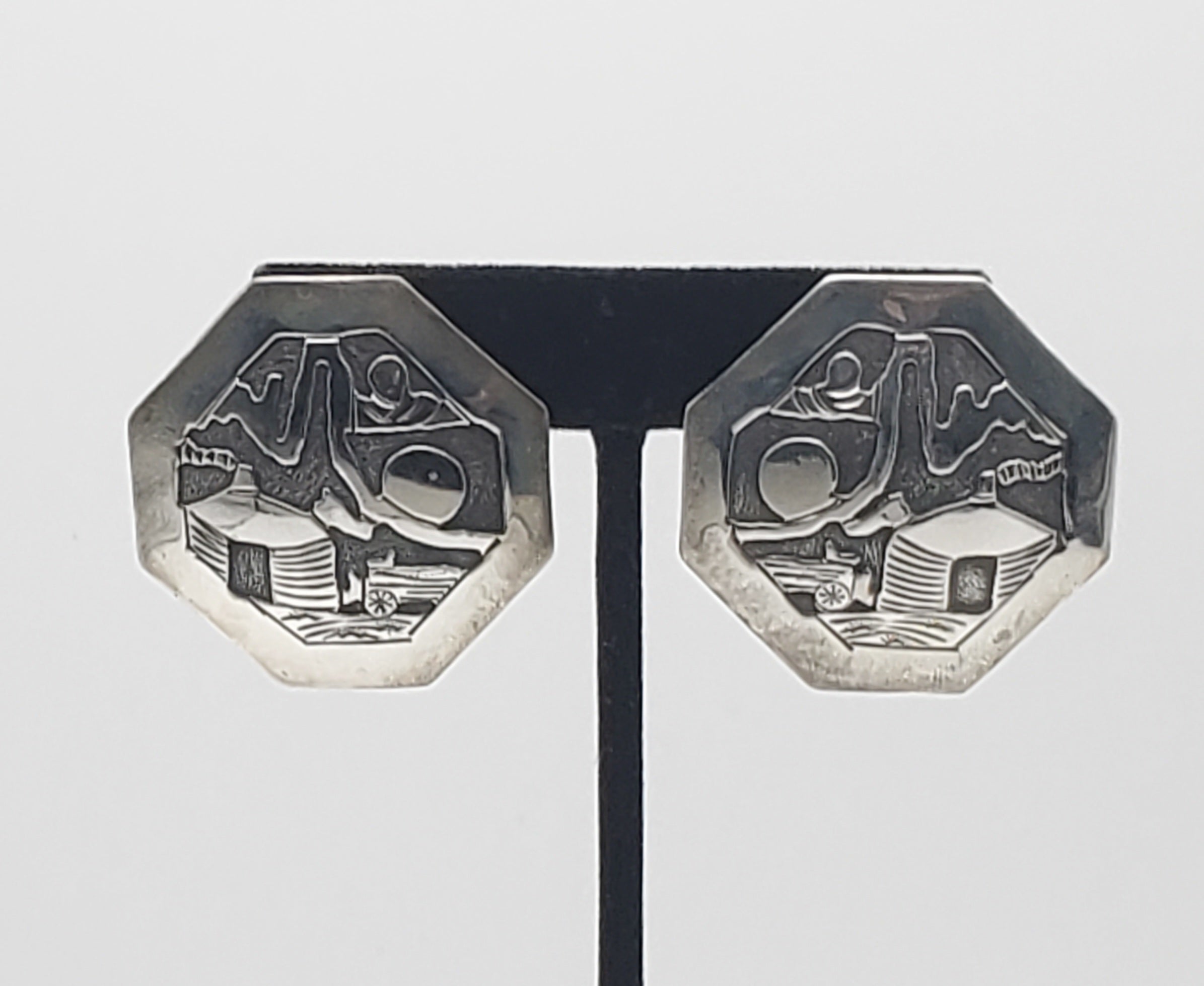 Running Bear - Handmade Vintage Sterling Silver Octagonal Hut Scene Earrings