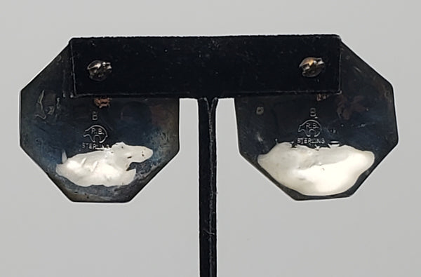 Running Bear - Handmade Vintage Sterling Silver Octagonal Hut Scene Earrings