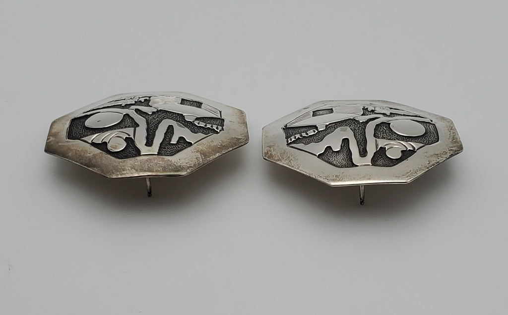 Running Bear - Handmade Vintage Sterling Silver Octagonal Hut Scene Earrings