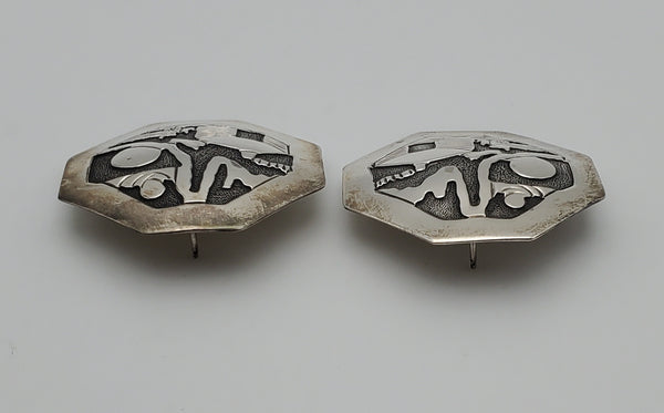 Running Bear - Handmade Vintage Sterling Silver Octagonal Hut Scene Earrings