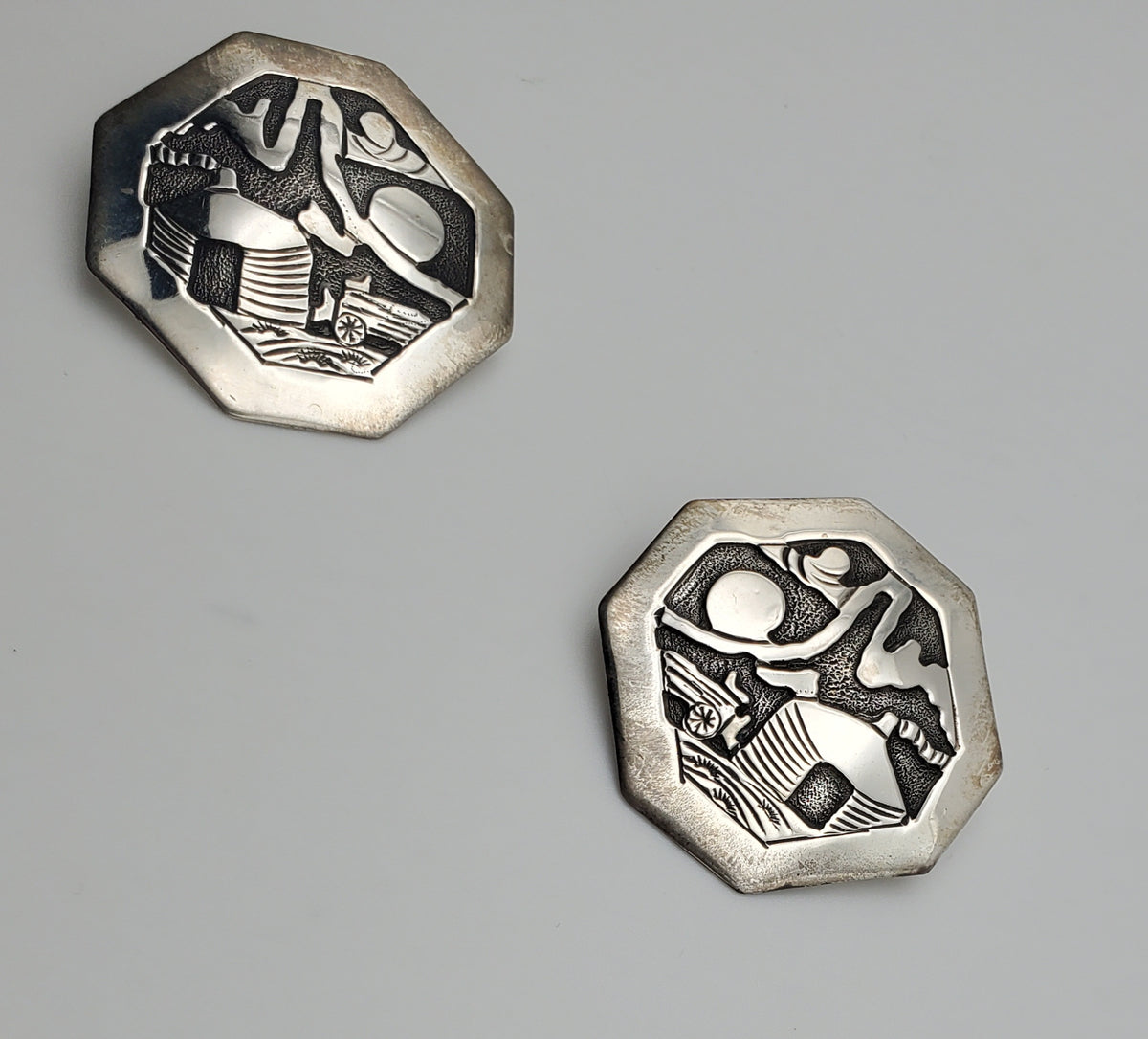 Running Bear - Handmade Vintage Sterling Silver Octagonal Hut Scene Earrings