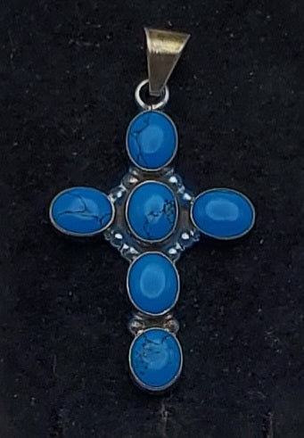 Mark Wasserman Samara - Vintage Handmade Sterling Silver Imitation Turquoise Cabochon Cross Pendant