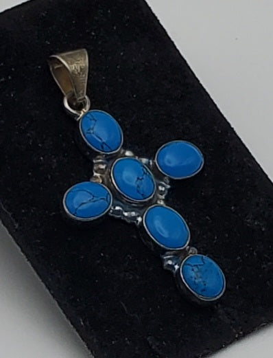 Mark Wasserman Samara - Vintage Handmade Sterling Silver Imitation Turquoise Cabochon Cross Pendant