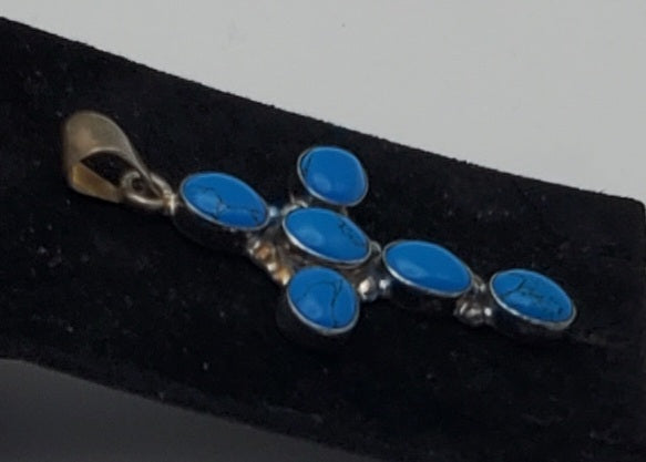Mark Wasserman Samara - Vintage Handmade Sterling Silver Imitation Turquoise Cabochon Cross Pendant