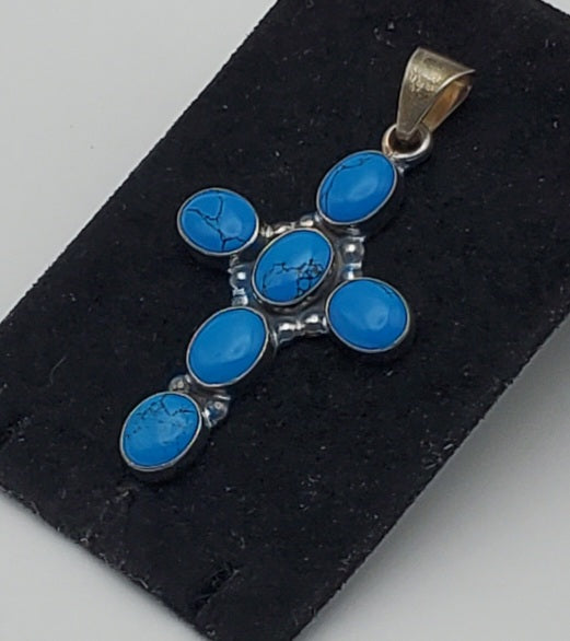 Mark Wasserman Samara - Vintage Handmade Sterling Silver Imitation Turquoise Cabochon Cross Pendant