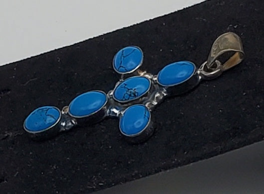 Mark Wasserman Samara - Vintage Handmade Sterling Silver Imitation Turquoise Cabochon Cross Pendant