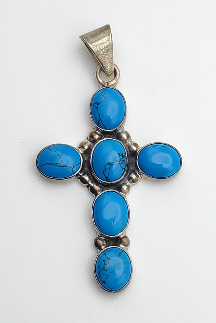Mark Wasserman Samara - Vintage Handmade Sterling Silver Imitation Turquoise Cabochon Cross Pendant