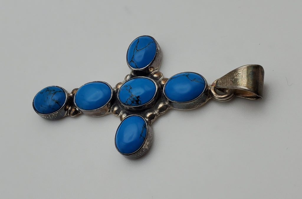 Mark Wasserman Samara - Vintage Handmade Sterling Silver Imitation Turquoise Cabochon Cross Pendant