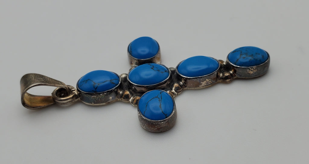 Mark Wasserman Samara - Vintage Handmade Sterling Silver Imitation Turquoise Cabochon Cross Pendant
