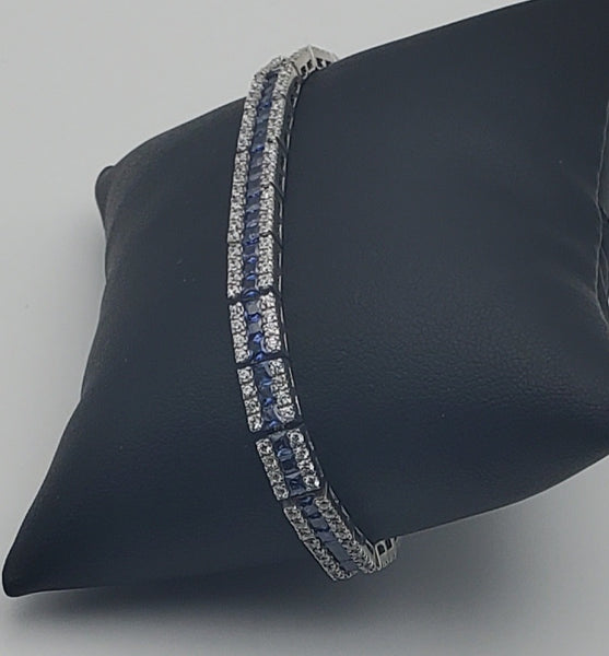 Sterling Silver Blue and Colorless Cubic Zirconia Bracelet - 7.5"