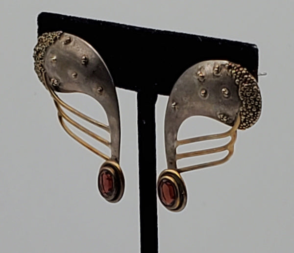 Vintage Handmade Red Garnet Sterling Silver Abstract Modern Design Earrings