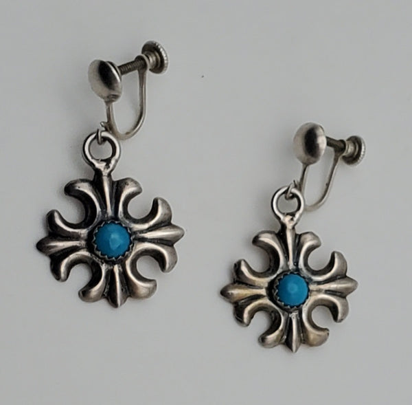 Vintage Sterling Silver Turquoise Cross Earrings