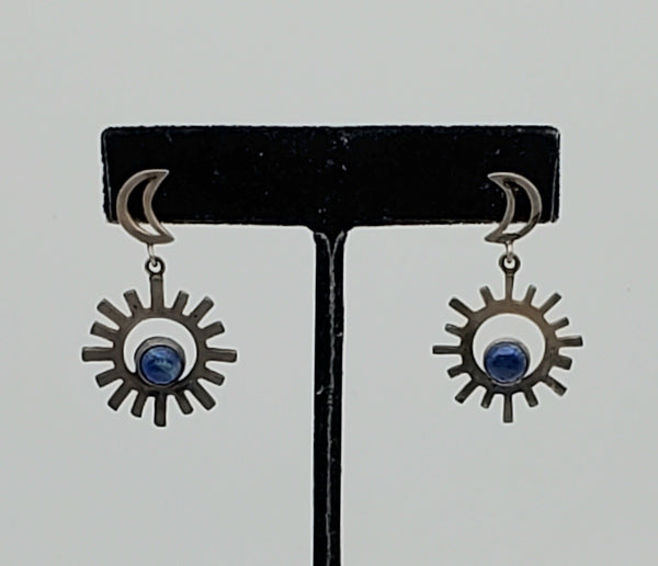 Vintage Sun and Moon Lapis Lazuli Sterling Silver Dangle Earrings