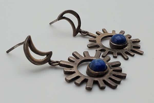 Vintage Sun and Moon Lapis Lazuli Sterling Silver Dangle Earrings