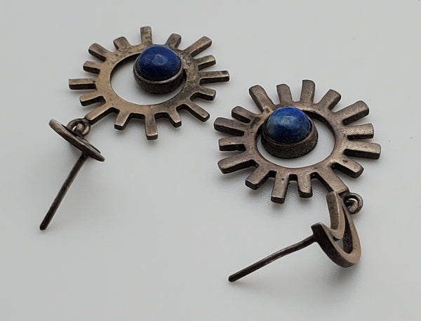 Vintage Sun and Moon Lapis Lazuli Sterling Silver Dangle Earrings