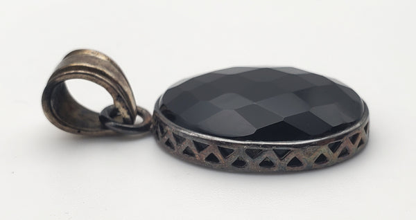 Vintage Checkerboard Facet Black Onyx Sterling Silver Pendant