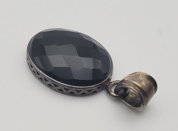 Vintage Checkerboard Facet Black Onyx Sterling Silver Pendant