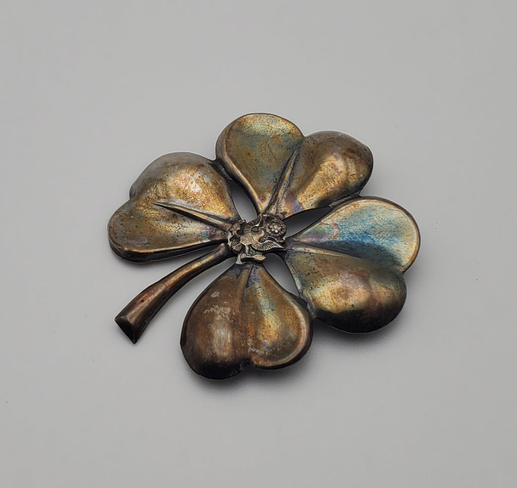 Vintage Sterling Silver Four Leave Clover with US Military Officer Insignia Brooch - MISSING PIN